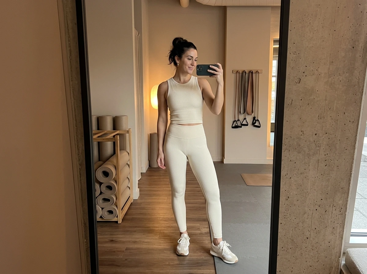 Neutral Gym Outfit Aesthetic in Cream, Sand and Grey