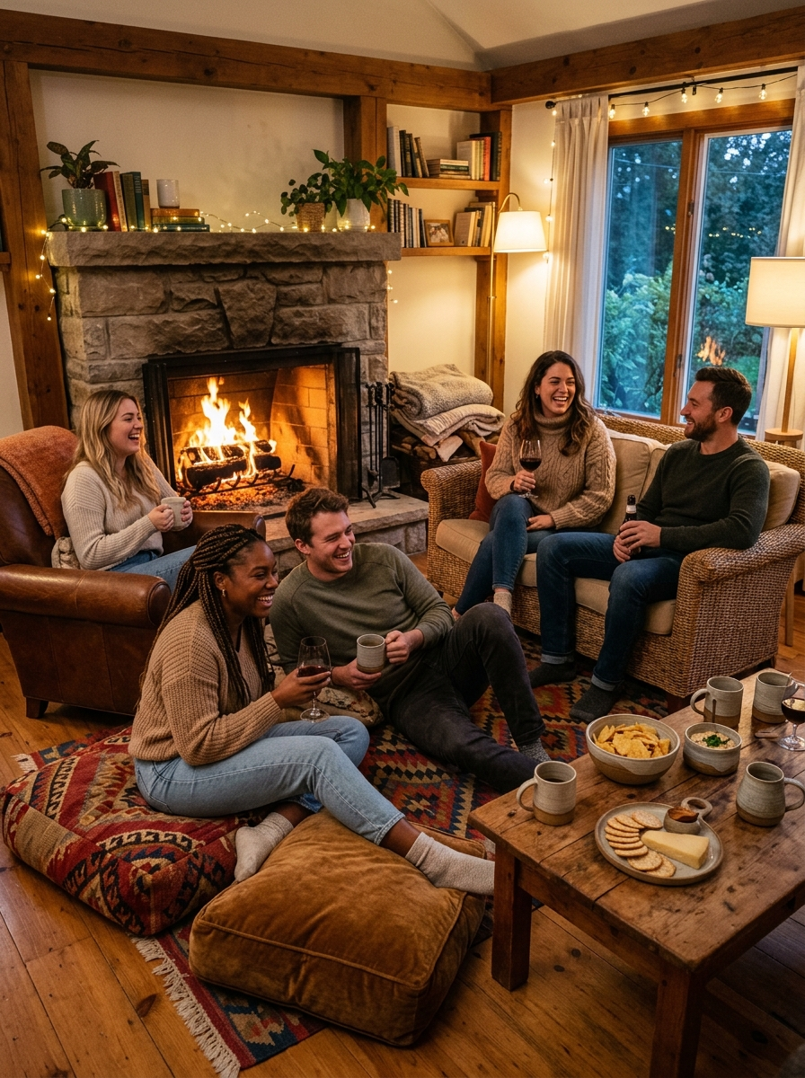 Nothing Gathers People Faster Than a Lit Fireplace and a Reason to Sit Down
