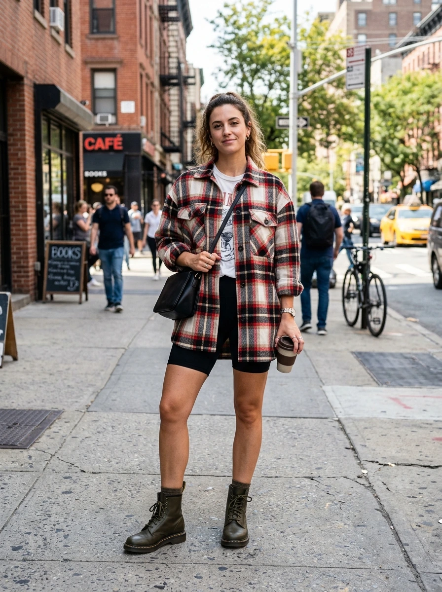 Oversized Check Shacket With Bike Shorts and Ankle Boots: Bold Move, Here's Why It Works