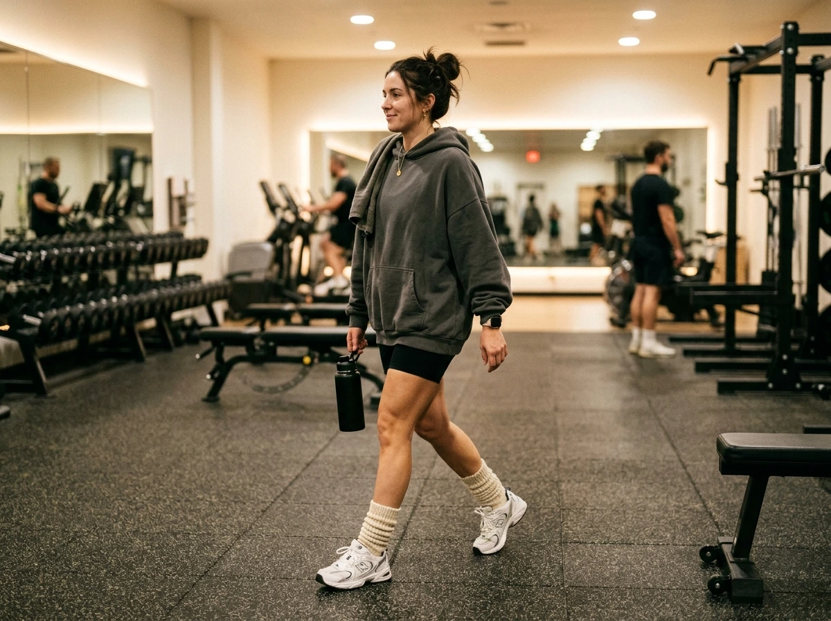 Oversized Hoodie and Bike Shorts Gym Outfit Combination