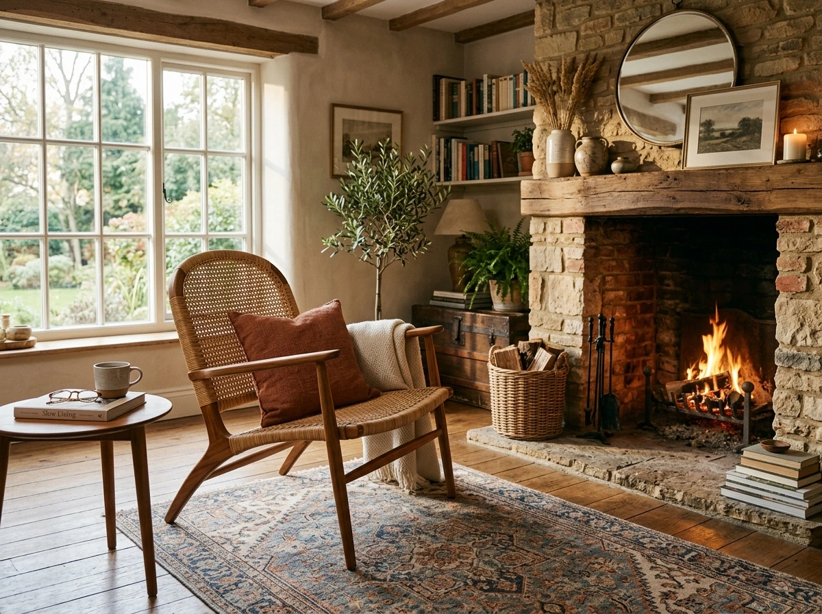 Pair the Fireplace with a Rattan and Wood Accent Chair