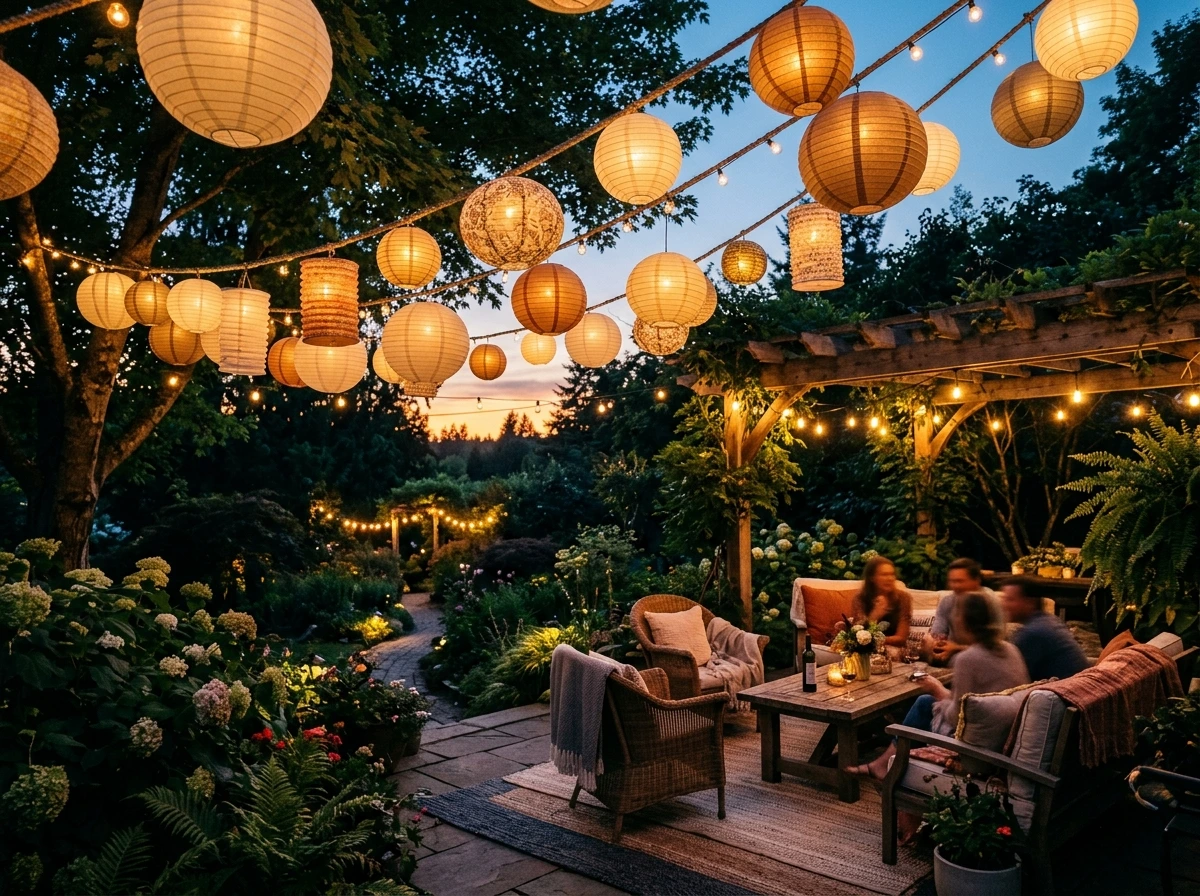 Paper Lanterns and String Lights Together for Real Magic After Dark