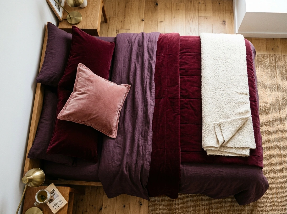 Plum and Burgundy Layers on One Bed