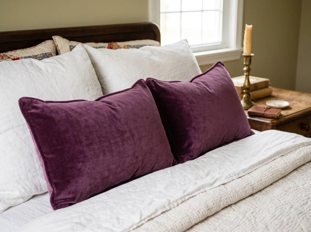 Plum Velvet Pillows Mixed With Vintage Brass