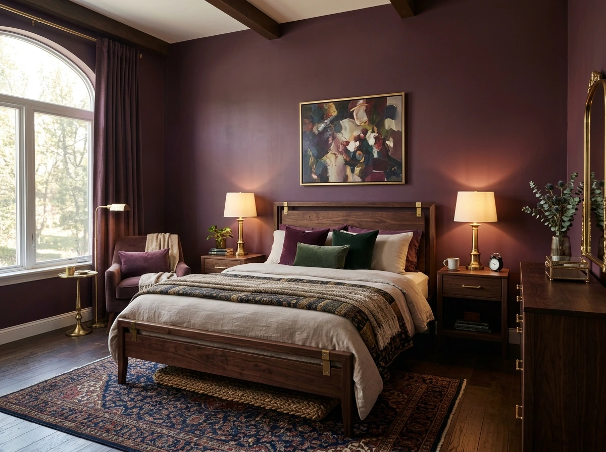 Plum Walls Paired With Warm Wood Furniture