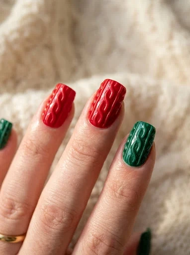 Red and Green Cable Knit Nails Bring Holiday Texture to Your Christmas Manicure