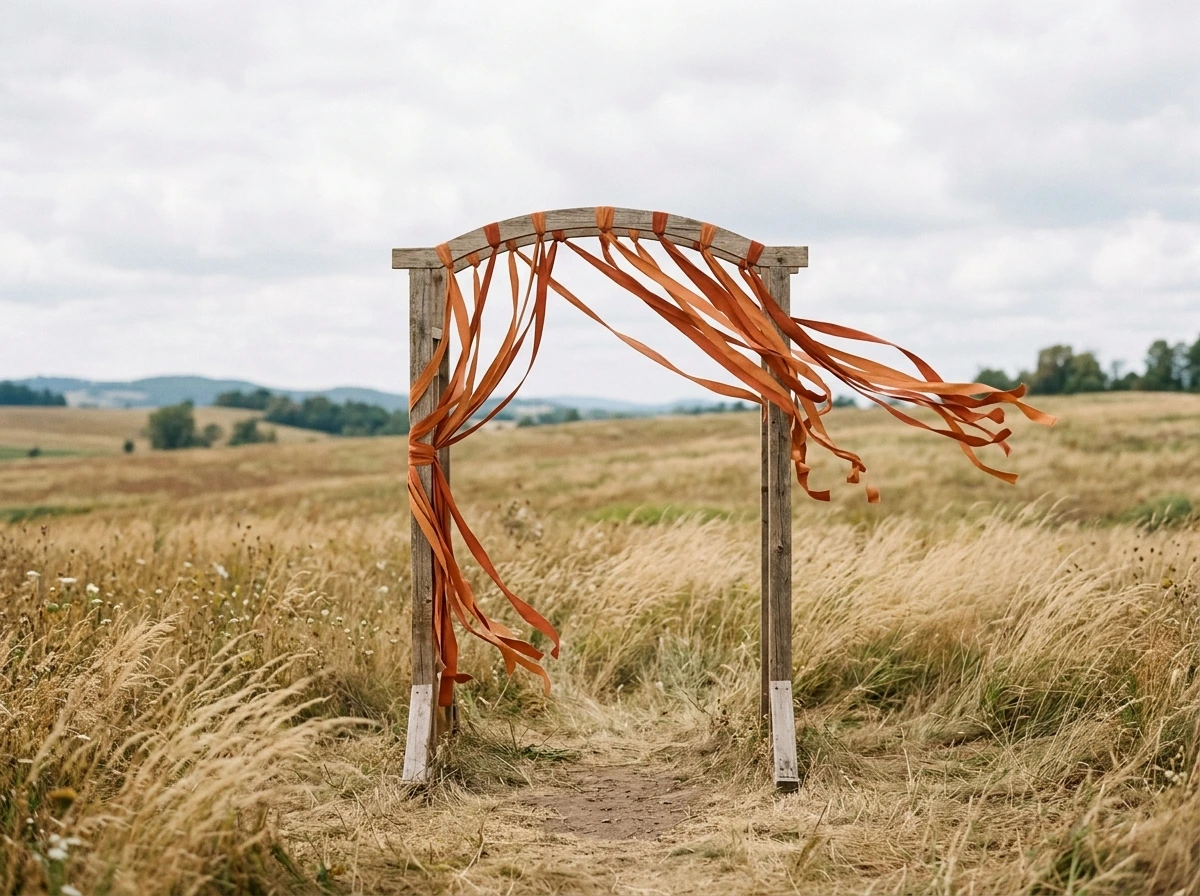 Simple Wooden Fall Wedding Arch With Ribbon