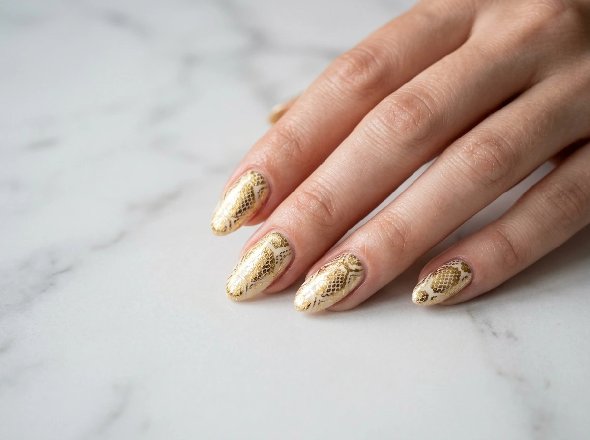 Snake Skin Nail Design In Cream And Gold