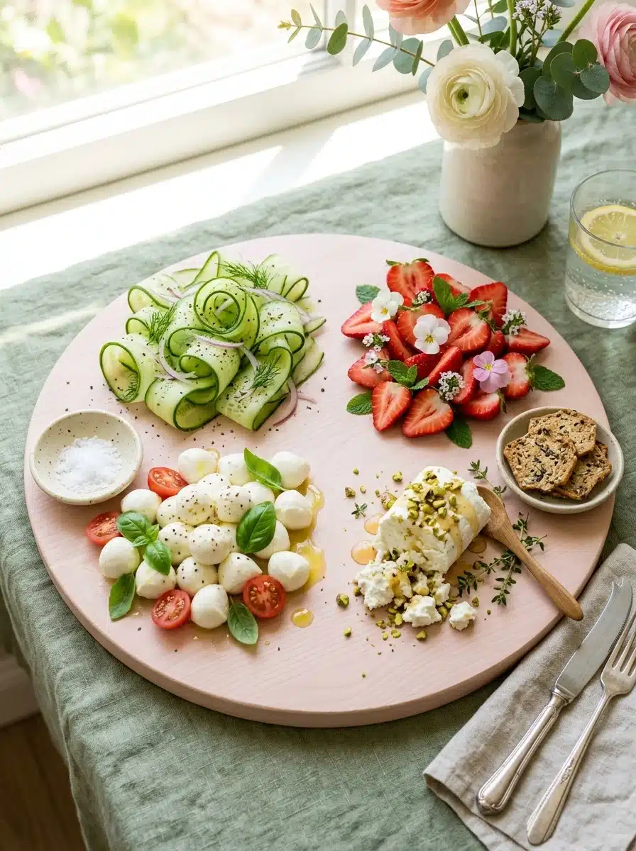 Spring Charcuterie Board With Bright Fruit and Soft Fresh Cheeses