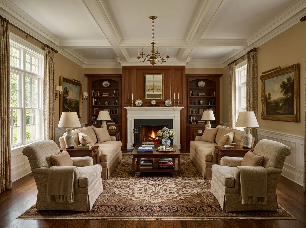 Symmetrical Furniture Arrangement in a Classic Living Room: The Rule and When to Break It