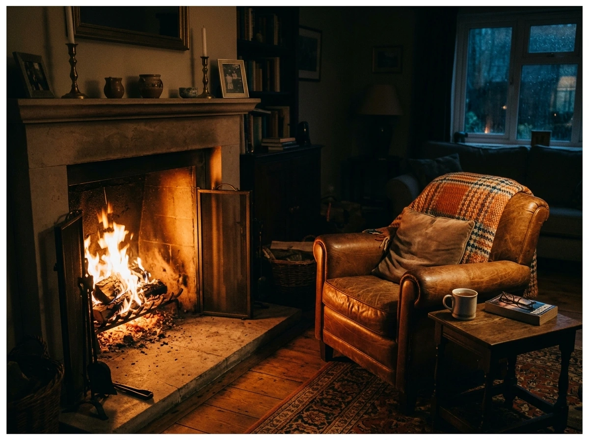 The Fireplace as the Room's Primary Evening Light Source