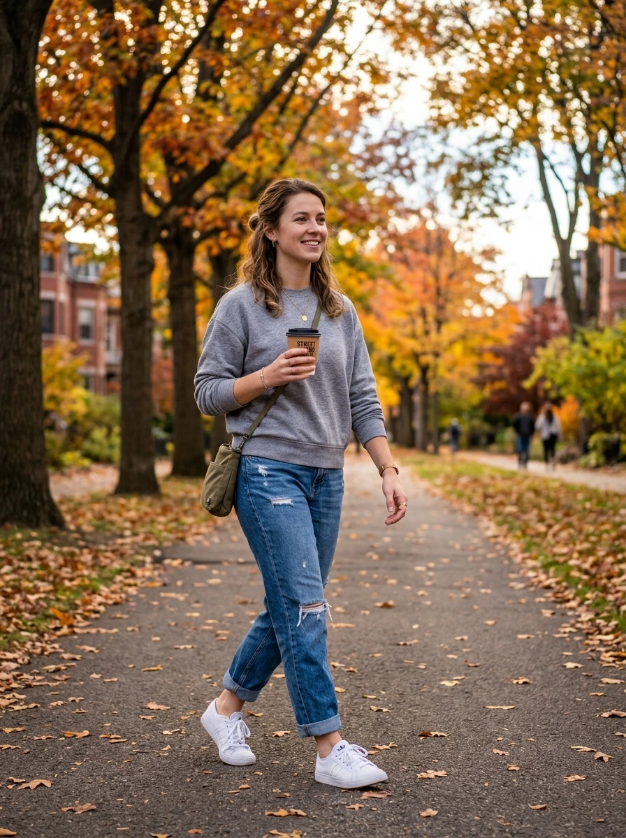 The Grey Crewneck Jeans Outfit That Never Overthinks Itself