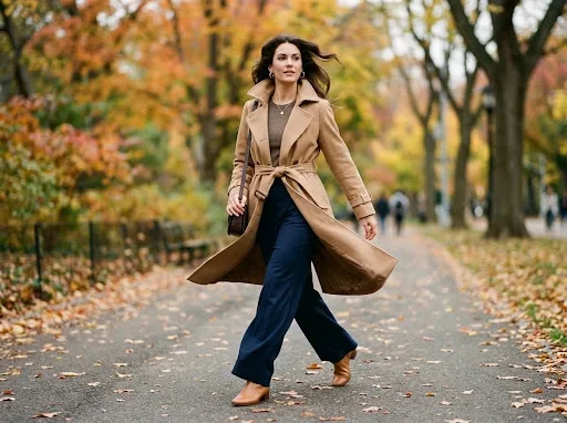 The Layered Look That Pairs a Trench Coat With Wide Leg Pants