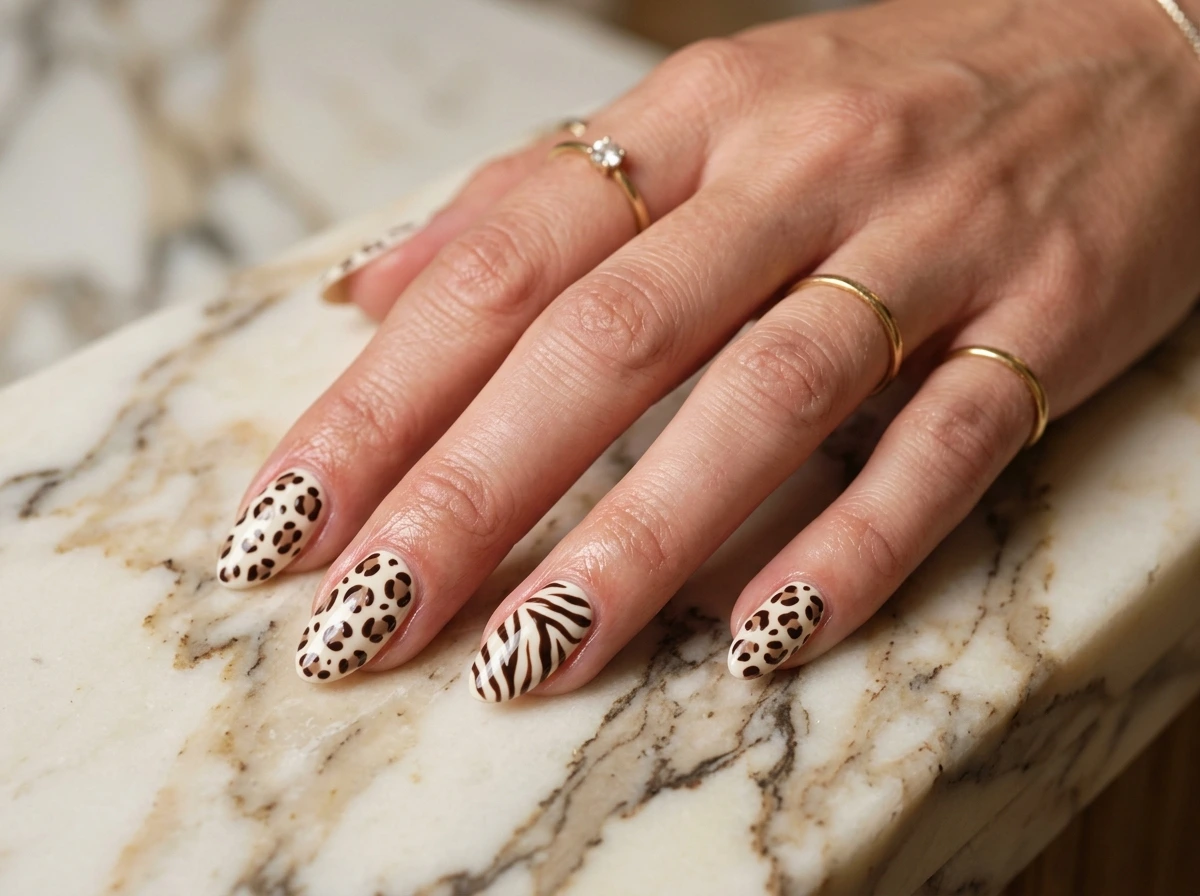 The Wild Elegance Nail Set Mixing Two Prints On One Hand