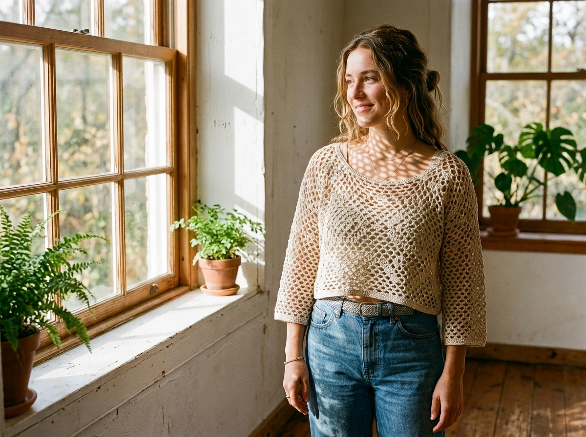 This Open Weave Crop Mesh Top Is Worth the Extra Rows