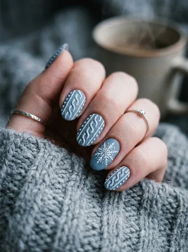 This Snowflake Accent Turns Basic Winter Sweater Nail Art Into a Statement