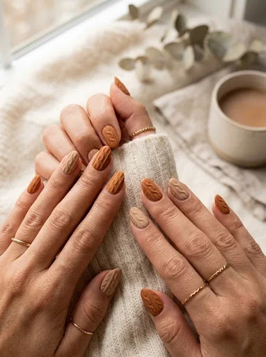 Warm Caramel and Tan Tones Turn Nude Sweater Nails Into a Fall Staple