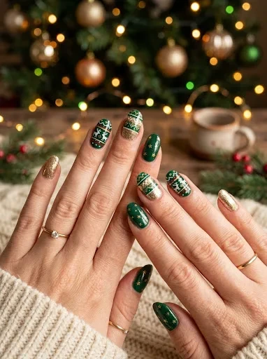 Why Green and Gold Make the Most Underrated Holiday Sweater Nail Palette