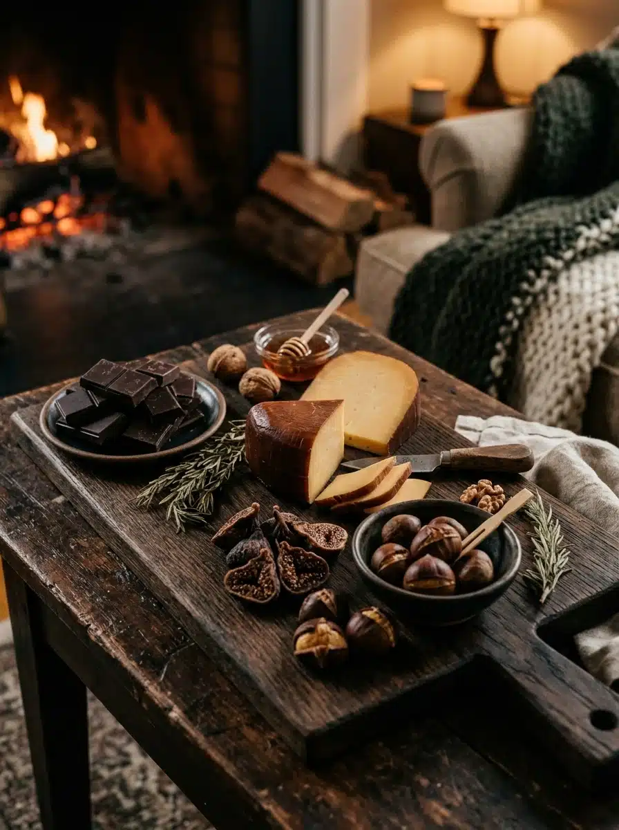 Winter Cozy Board With Dark Chocolate, Dried Fruit, and Smoked Meats