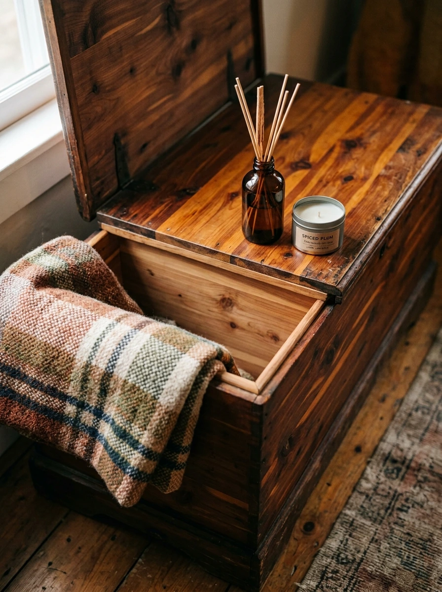 A Spiced Plum, Smoke, and Cedar Scent Layer for Fall Bedroom Decor With a Cedar Chest Past