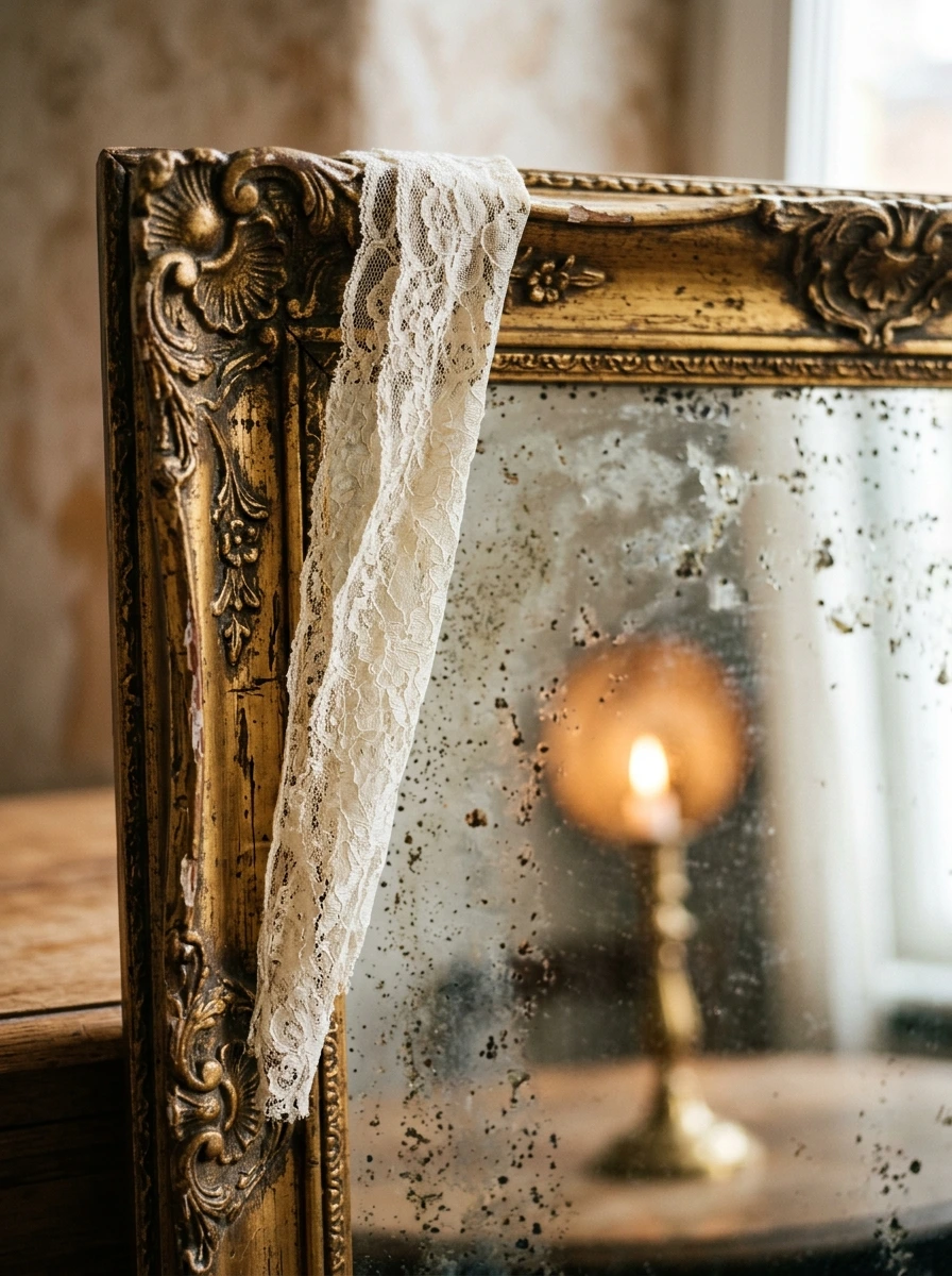 Antique-Style Mirror With Lace Draping (Provenance: Antique Malls and HomeGoods)
