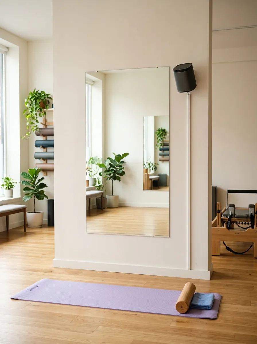 Before: A Speaker on the Floor. After: Sound That Fills the Pilates Room Without Competing
