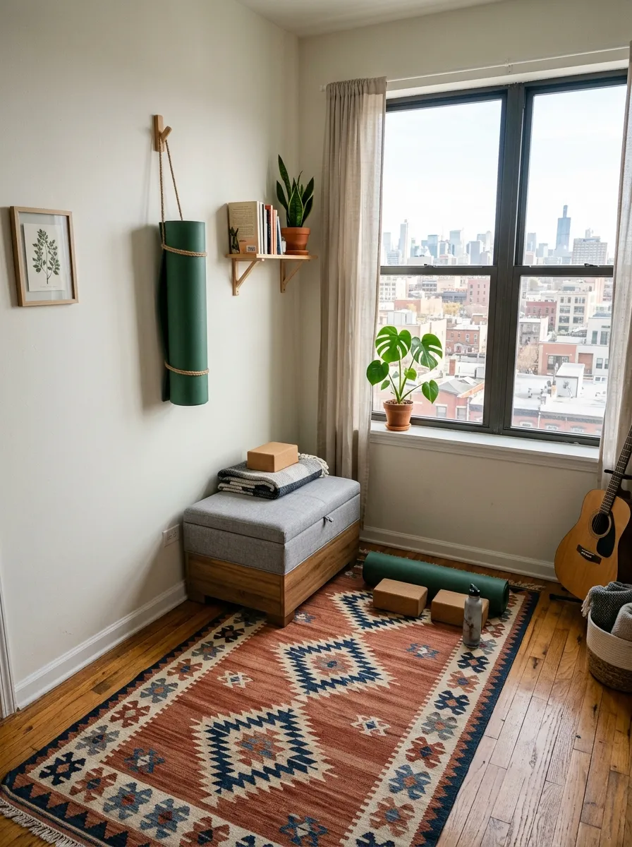 Before: A Tiny Apartment Corner That Felt Impossible. After: A Small Yoga Room Solution in Under 50 Square Feet