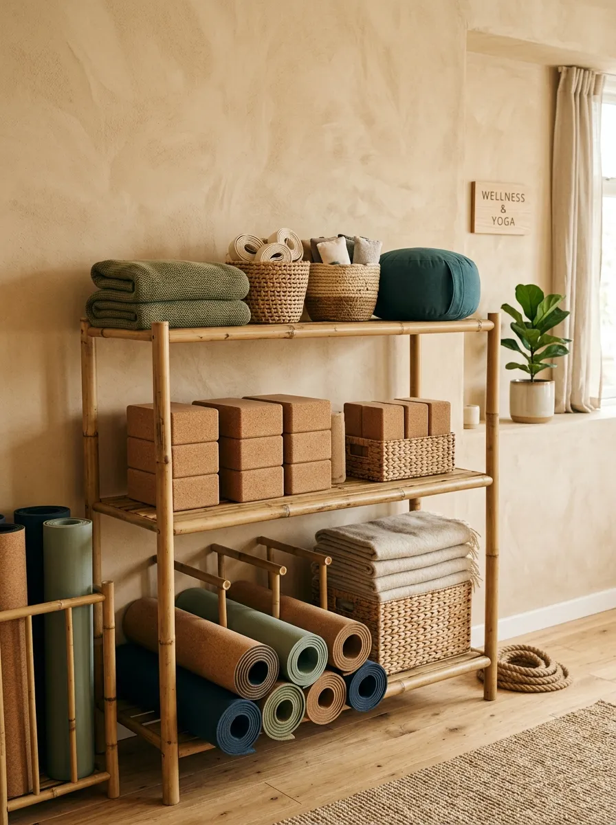 Before: Props in a Plastic Bag Under the Bed. After: Storage That Became Part of the Yoga Room Decor