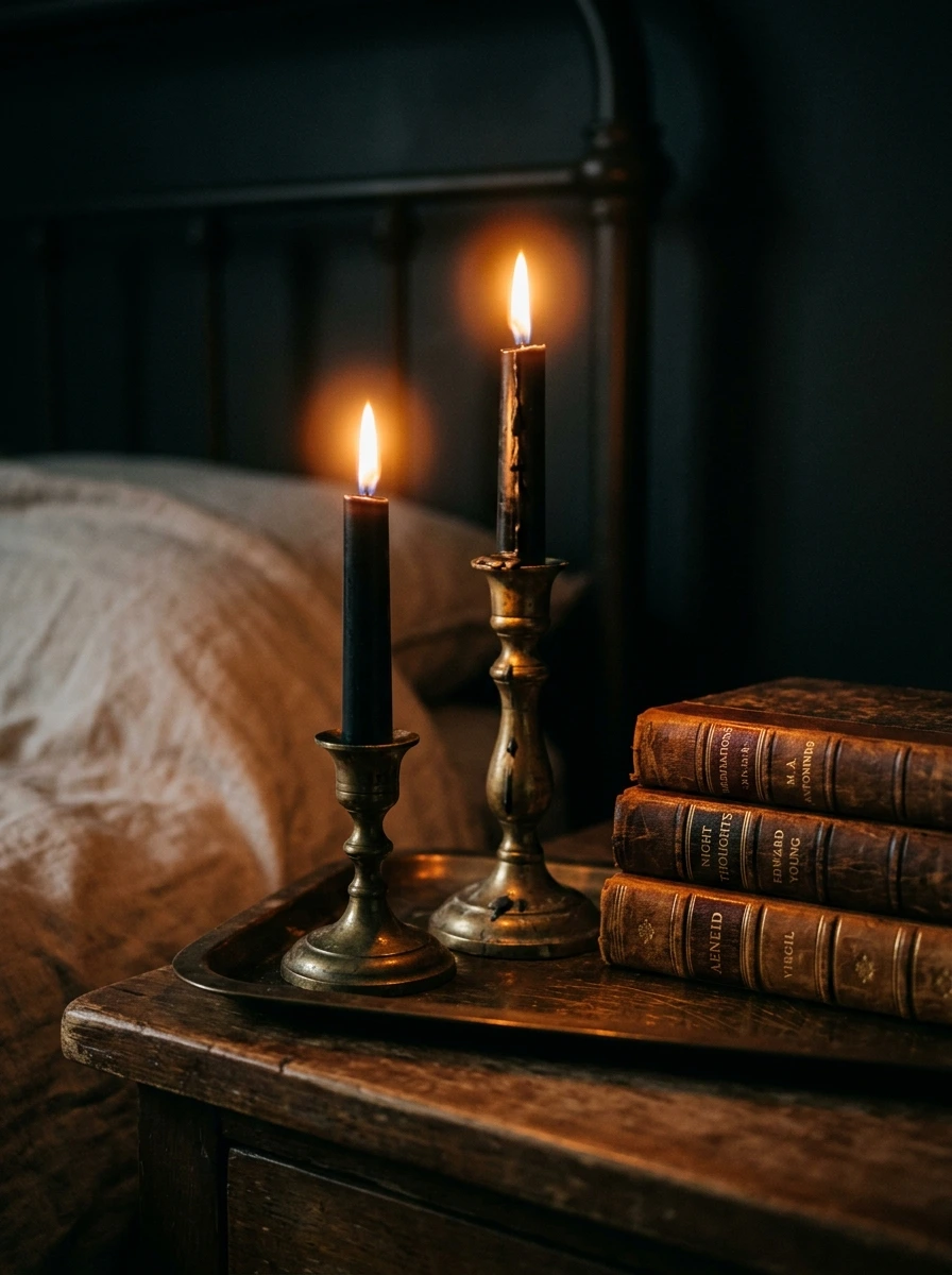 Black Taper Candles in Brass Holders for Halloween Bedroom Decor (Provenance: Etsy and Pottery Barn)