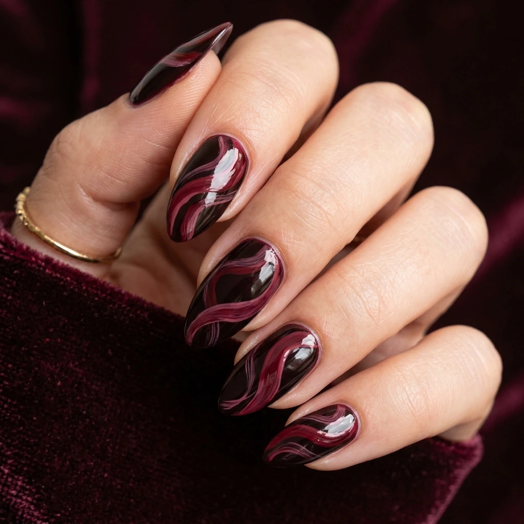Burgundy Swirl Nail Art