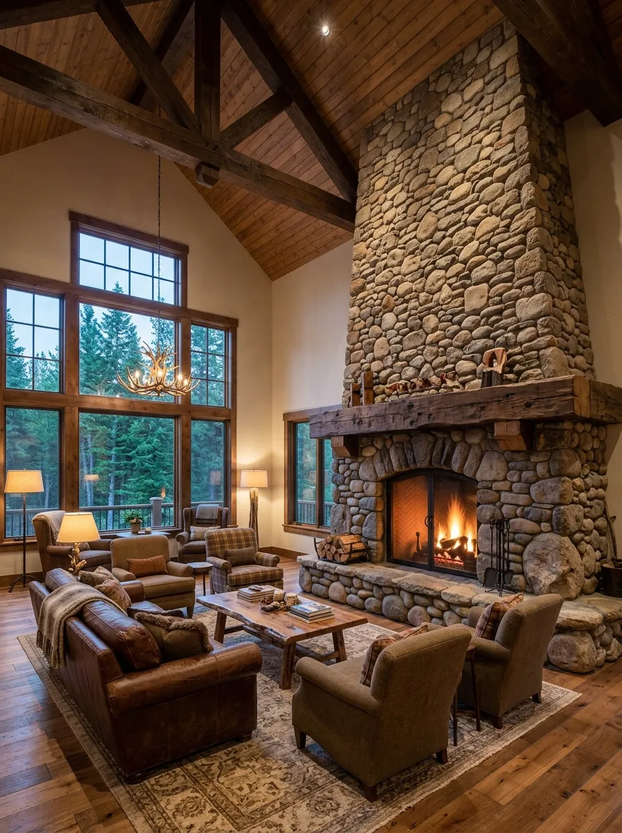 Cabin Living Room Ideas Start at the Stone Fireplace That Earns Every Chair