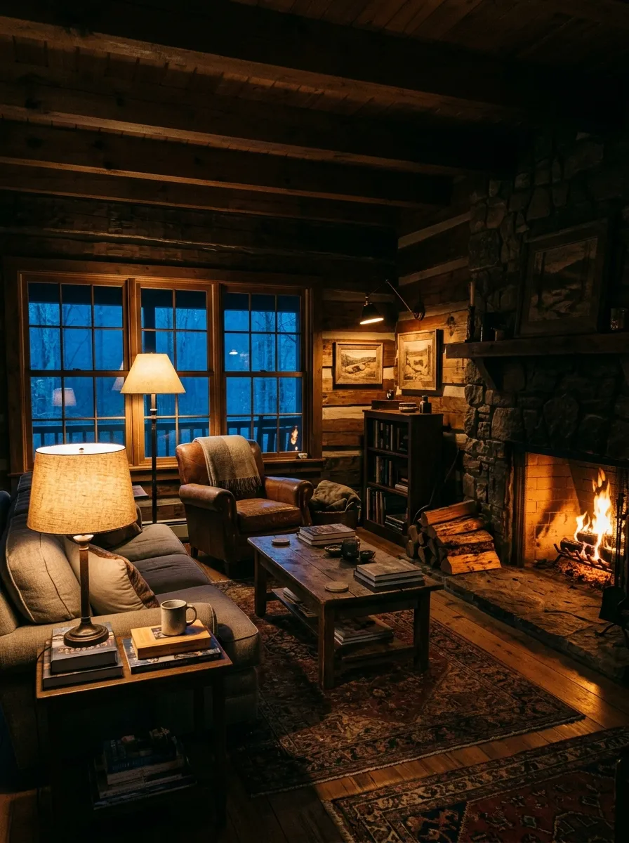 Cabin Living Room Lighting That Works With the Fire, Not Against It