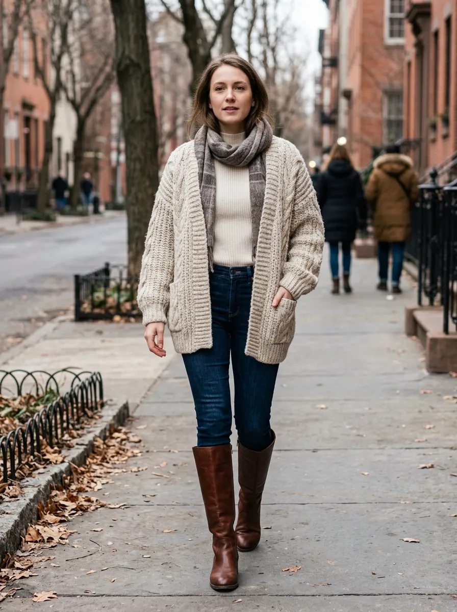 Chunky Cardigan With Knee Boots