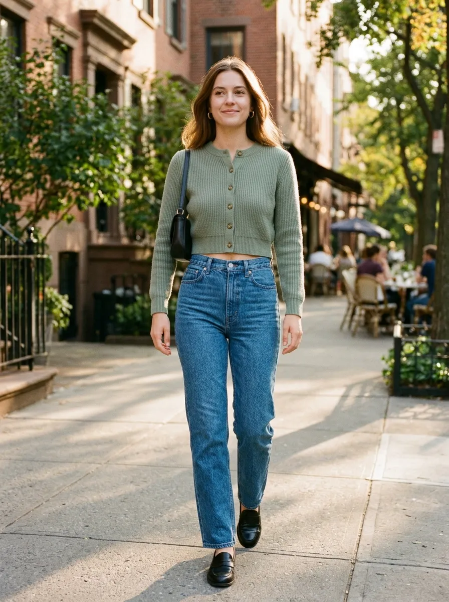 Cropped Cardigan, High Waist Jeans