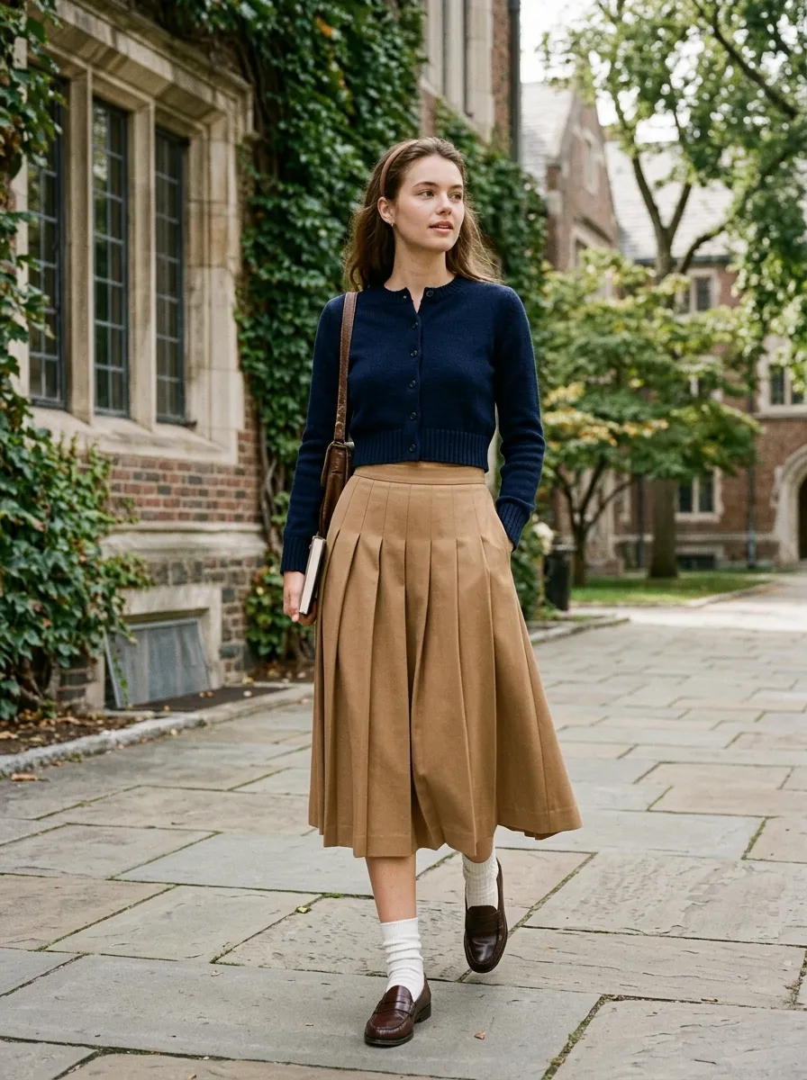 Cropped Cardigan Pleated Skirt Combo