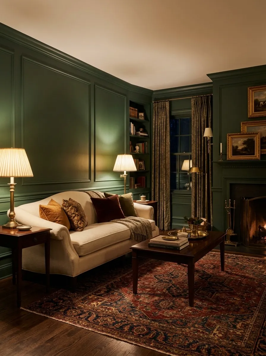 Dark Green Asks for Commitment, and These Are the Paint Choices That Earn It in a Traditional Living Room