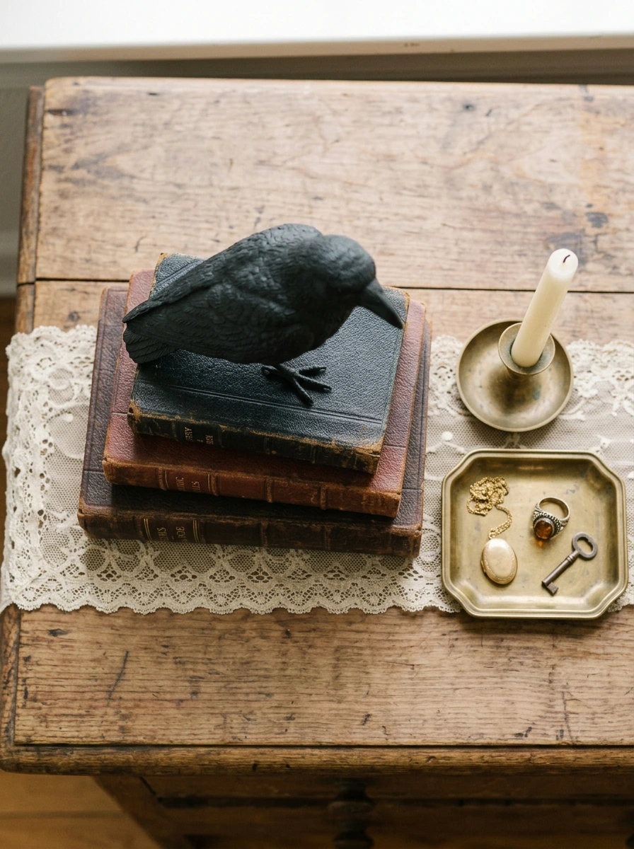 Dresser Styling With Antique Books and a Raven Figure Out of a Parlor Library