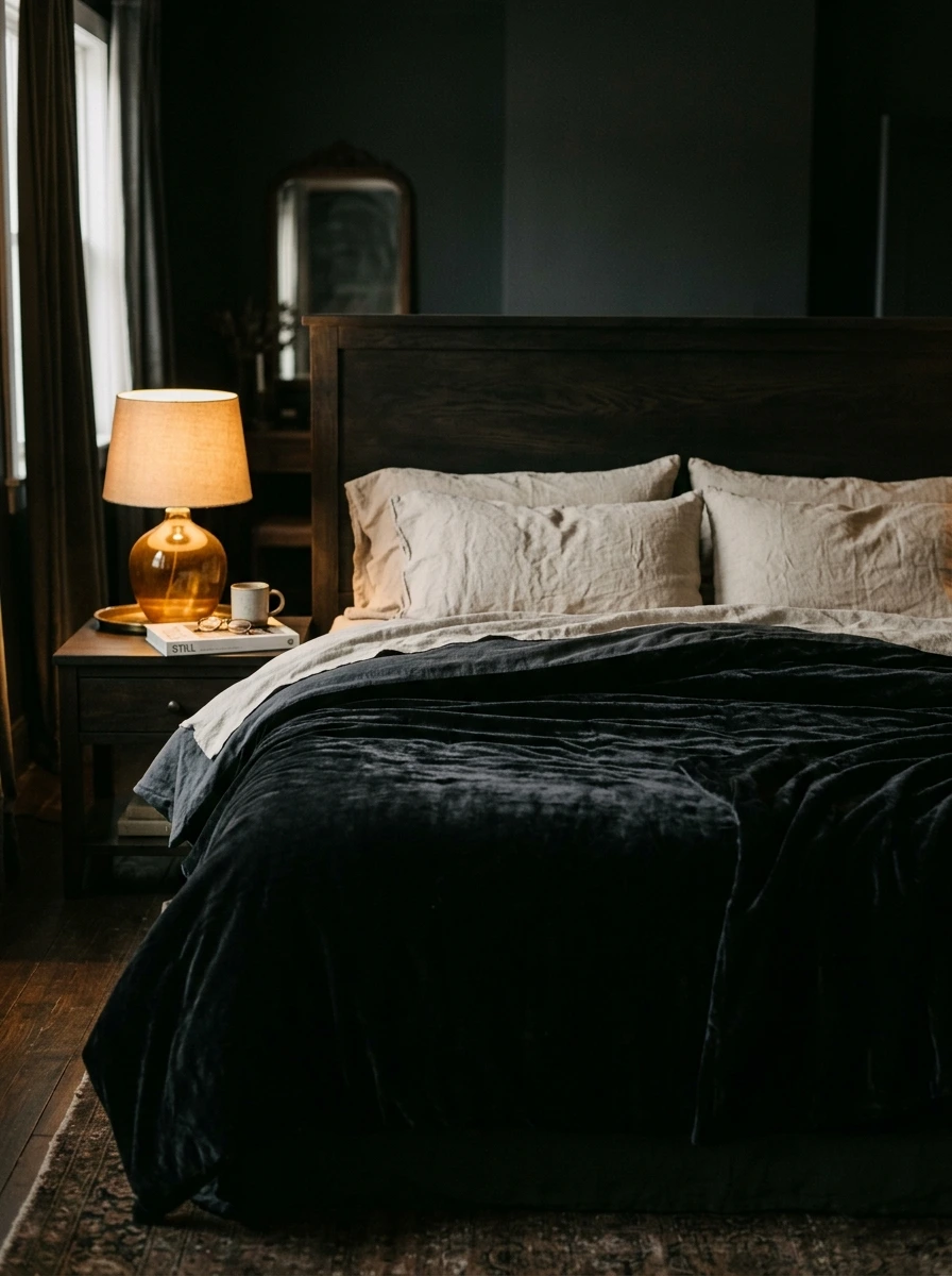 Halloween Bedroom Decor Begins With Black Velvet Bedding and a Salem Estate Sale Past
