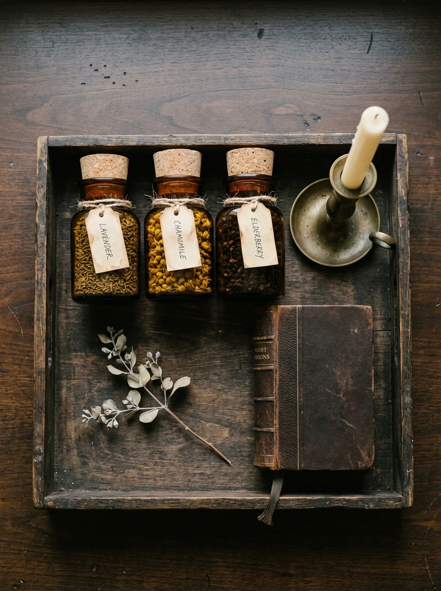 Halloween Nightstand Decor Built as an Apothecary Vignette With a Pharmacy Counter Past