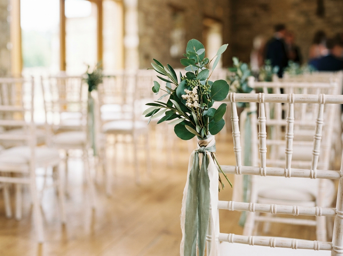 Hold the Chair-Back Florals Until Wedding Ceremony Decor Rows Are Squared