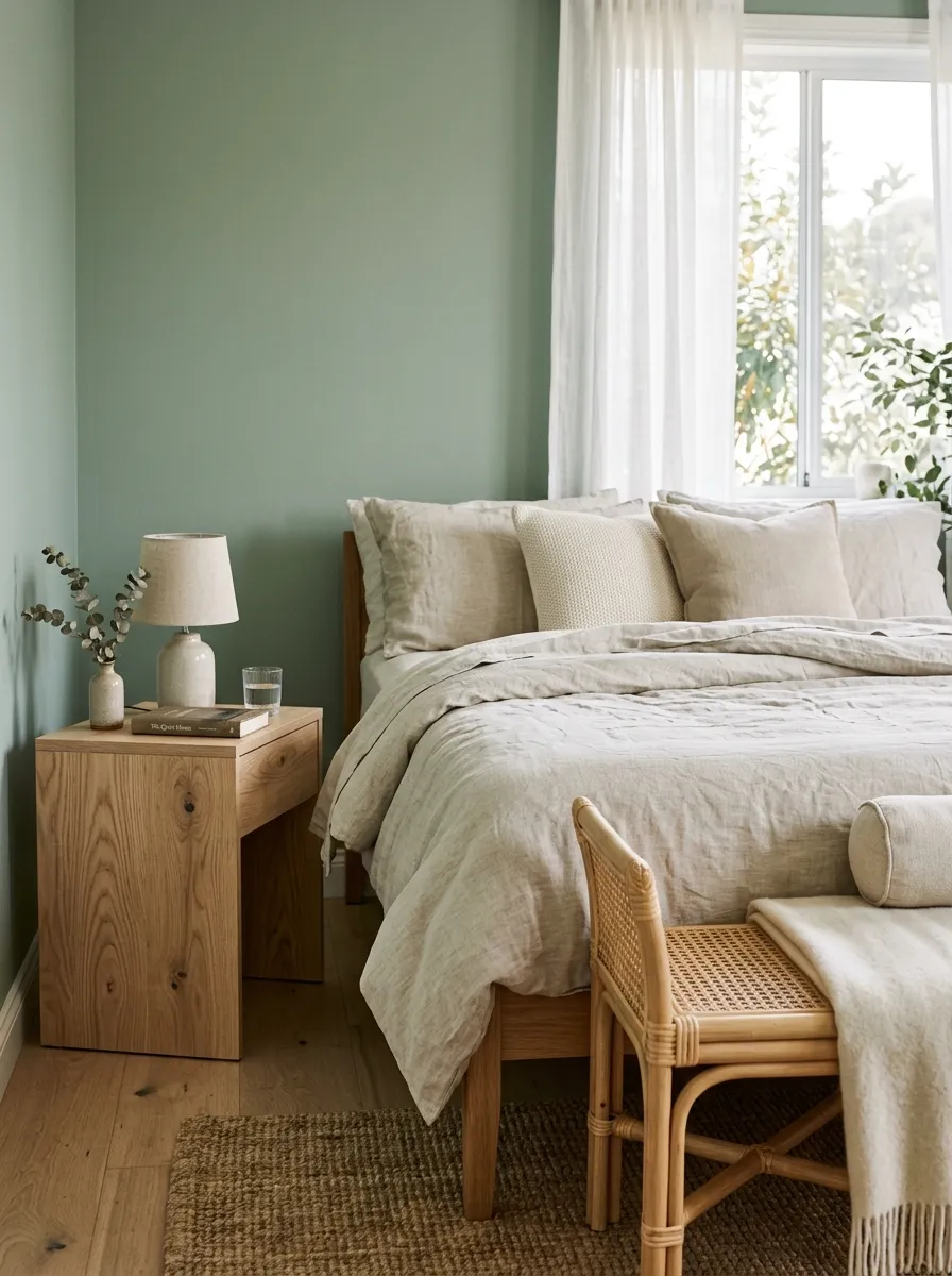 How Sage Green Reads Beside Natural Wood and Linen Bedding