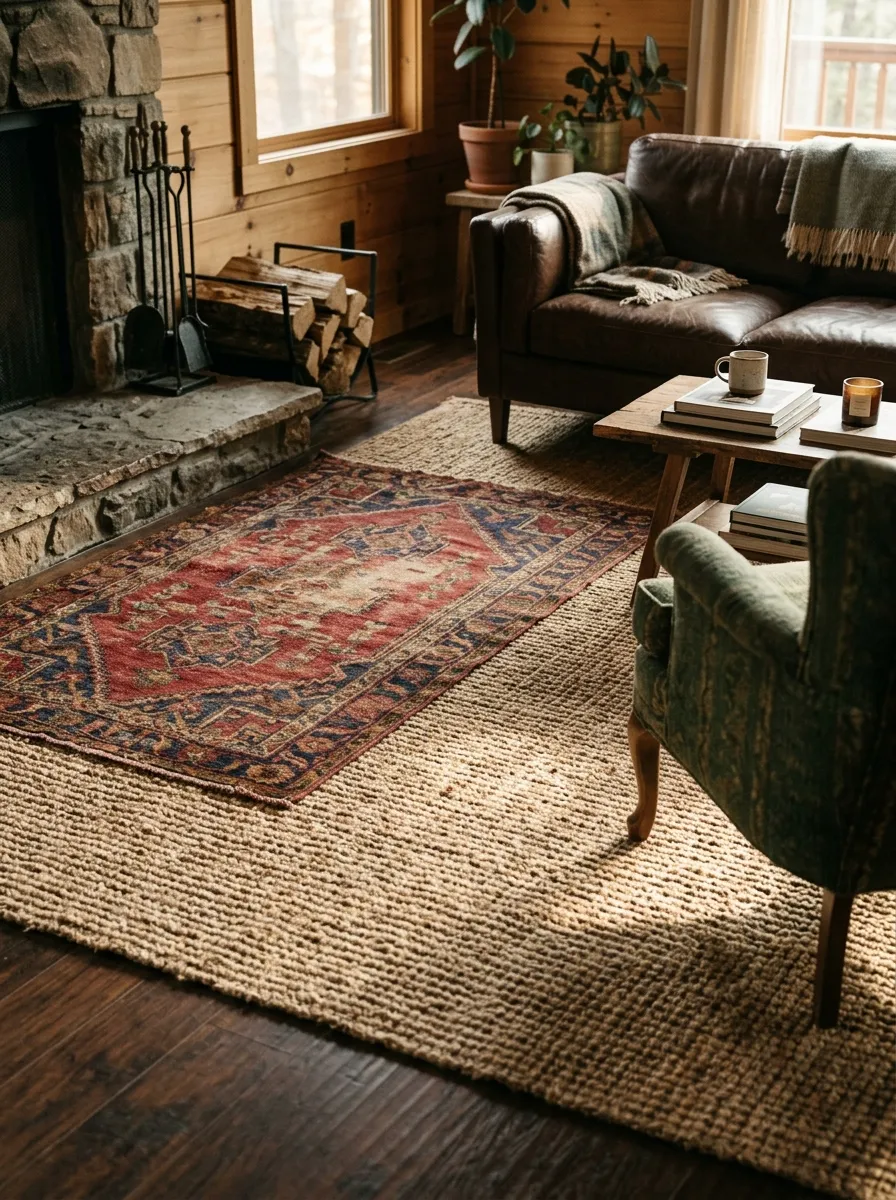 Layering a Woven Rug in a Mountain Living Room Without Making It Look Staged