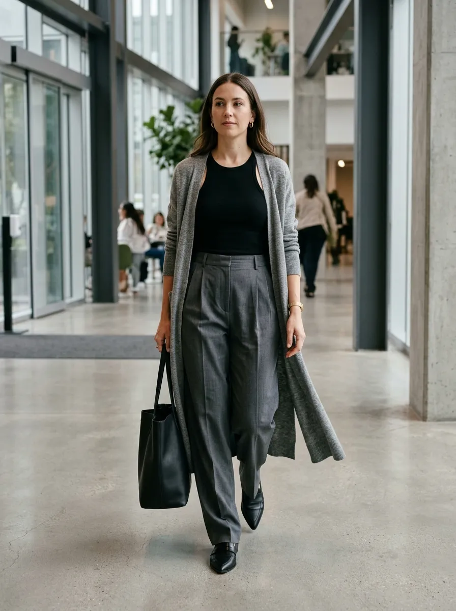 Long Cardigan Suit Trousers Look