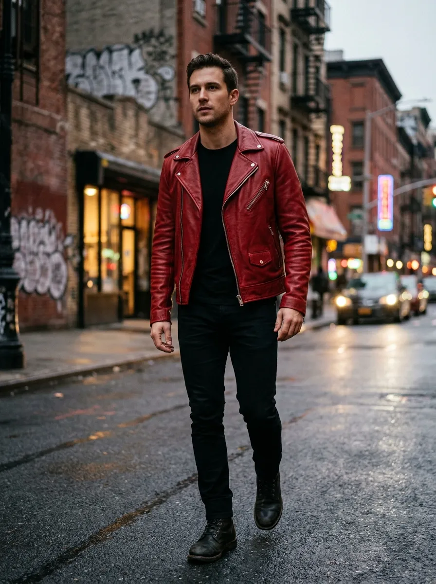 Men's Red Leather, Black Jeans