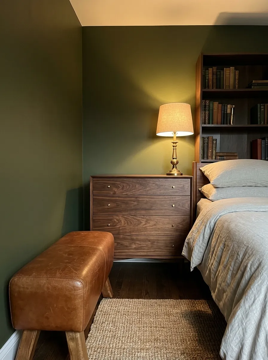 Olive Green Walls, Dark Wood, and Leather: The Library Effect