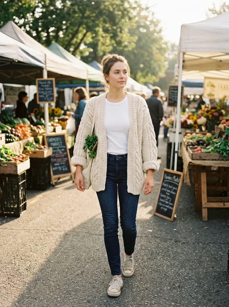 Oversized Cardigan, White Tee, Jeans