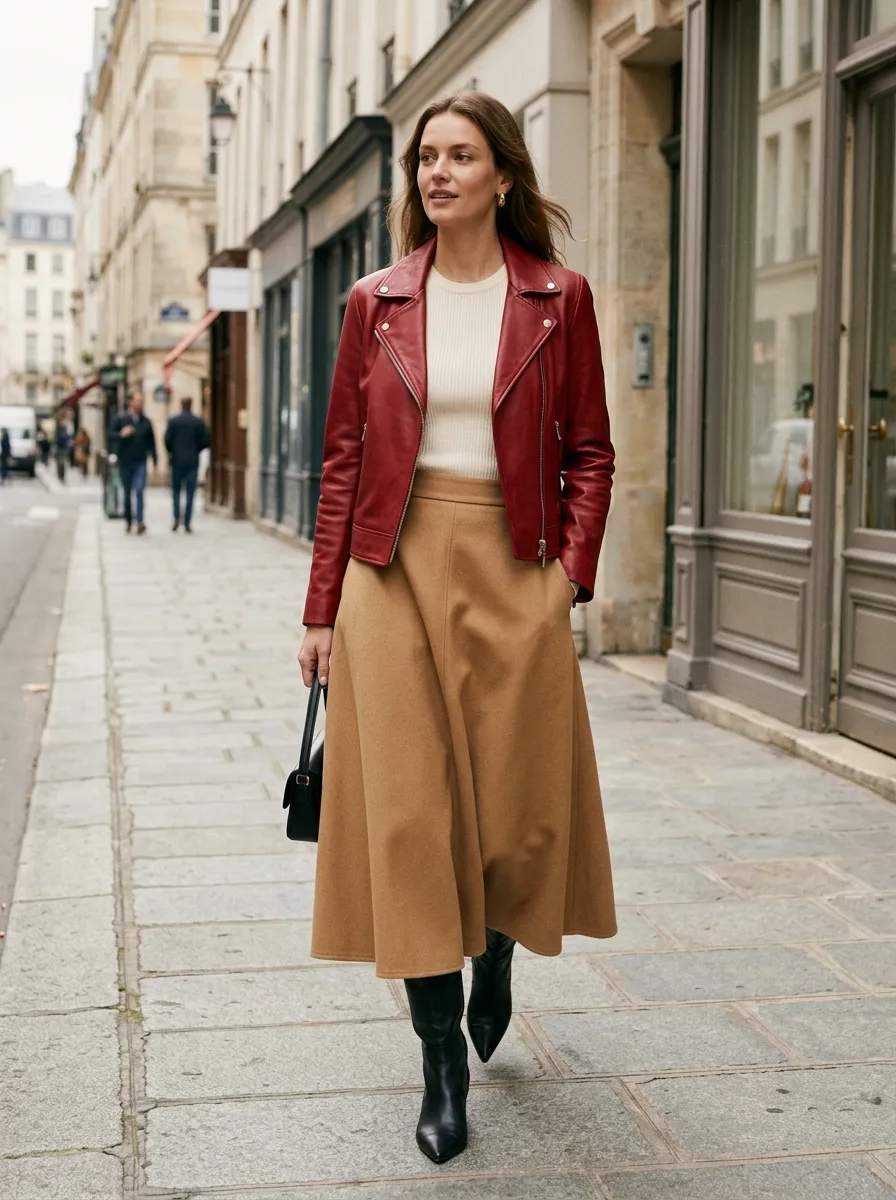 Red Jacket, Neutral Midi Skirt