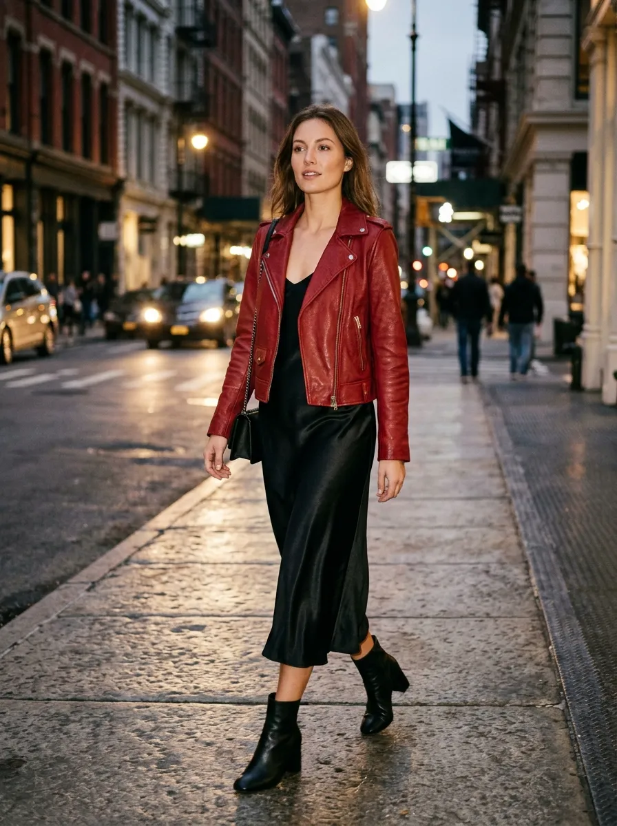 Red Leather Over a Slip Dress