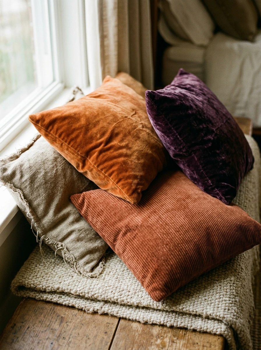 Rust, Pumpkin, and Plum Accent Pillows for Fall Bedroom Decor (Provenance: HomeGoods and Target)