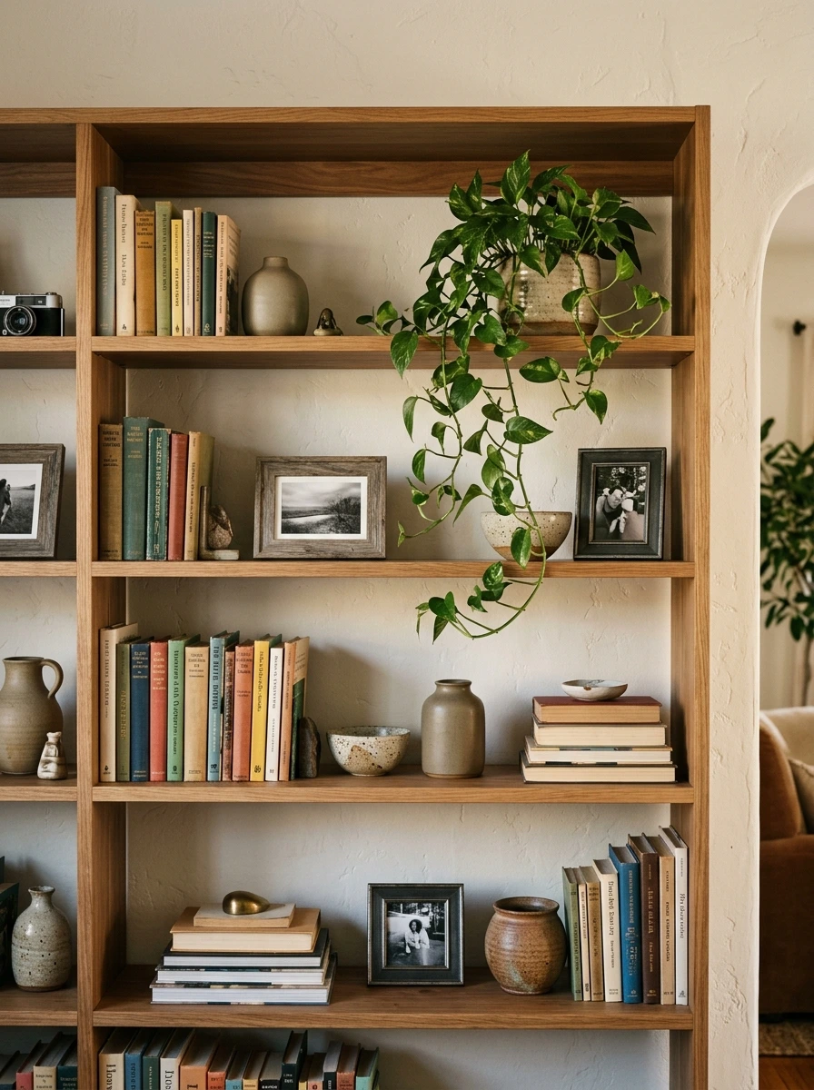 The Bookshelf Mix That Makes a Warm Living Room Look Lived In